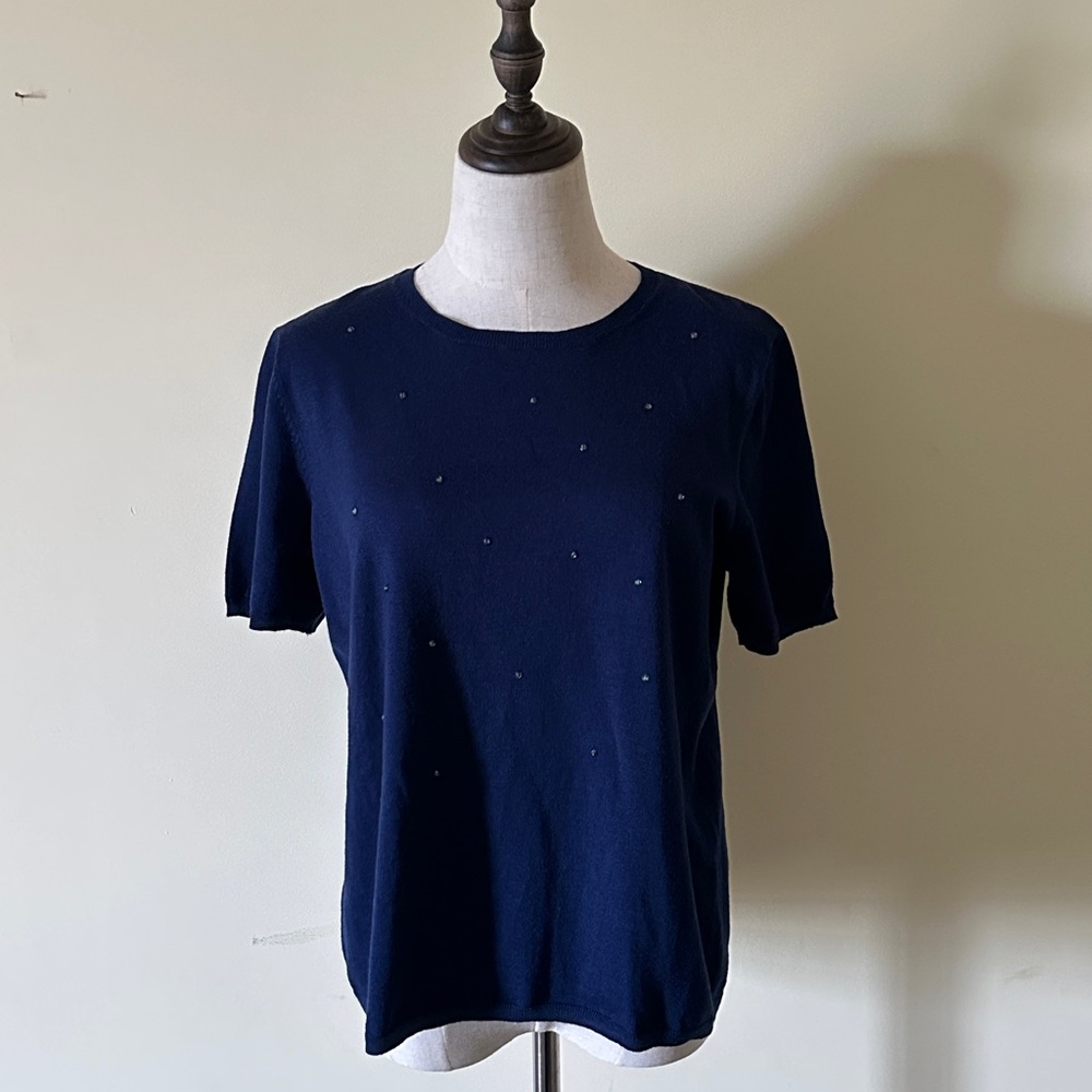 Draper's & Damon's Woman Short Sleeve Sweater Top Navy Blue‎ With Rhinestone L